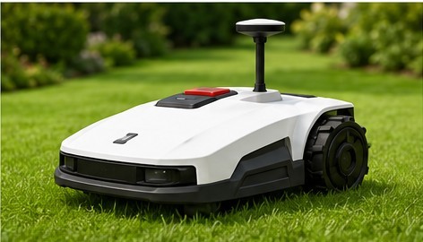 KI-Beispielillustration eines Mähroboters mit RTK-Navigation
