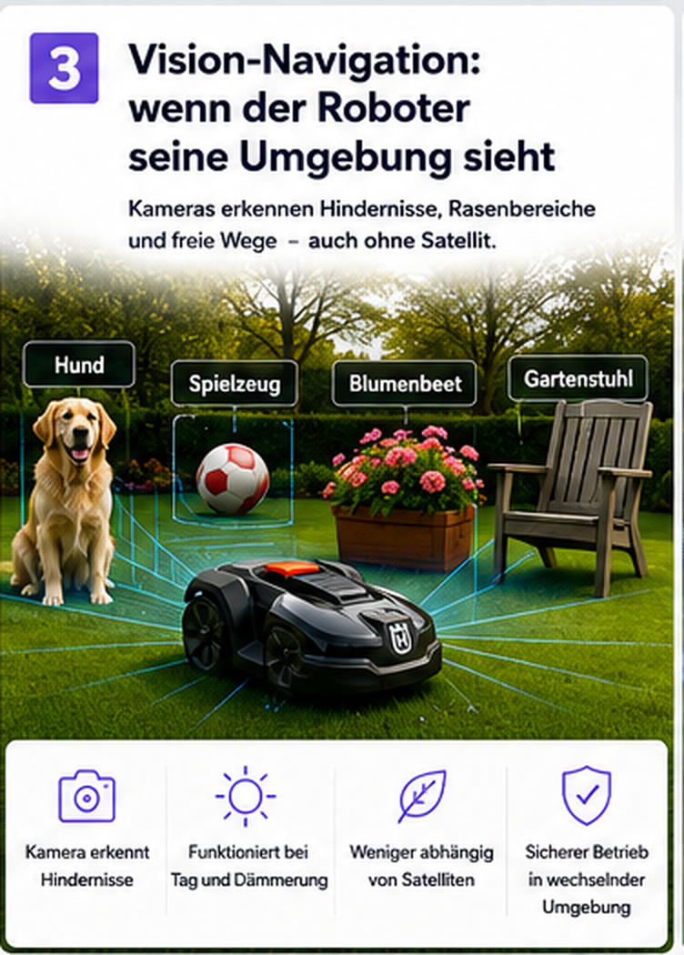 Kamerabasierte Vision-Navigation eines Mähroboters erkennt Hindernisse im Garten
