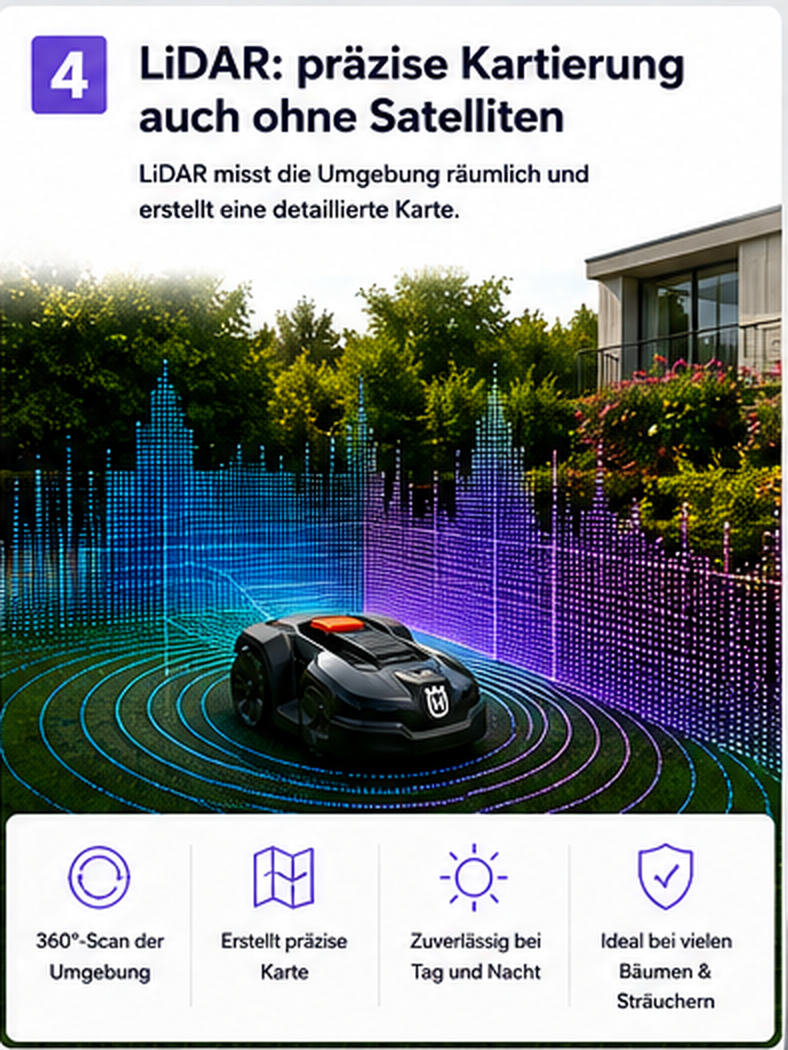 LiDAR-Kartierung eines Mähroboters zwischen Bäumen mit räumlichen Messpunkten
