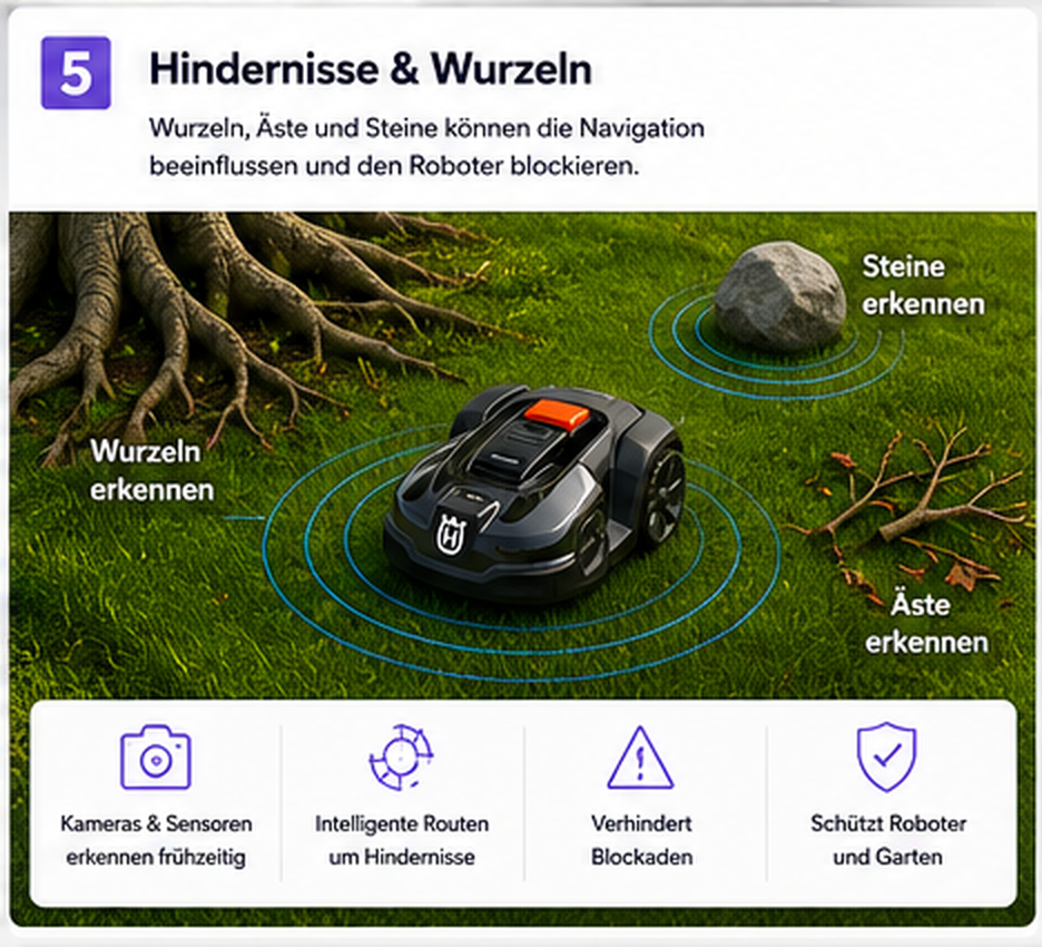 Mähroboter zwischen Baumwurzeln, Ästen und Steinen mit Hinderniserkennung