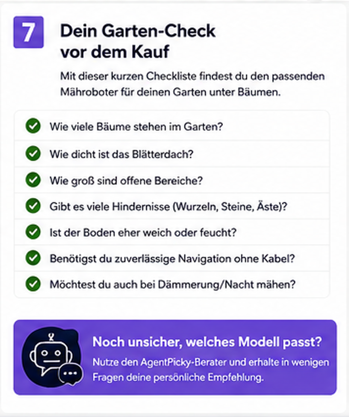 Checkliste zur Analyse eines Gartens mit Bäumen vor dem Kauf eines Mähroboters