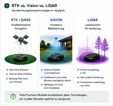 RTK, Vision und LiDAR als Navigationssysteme für Mähroboter im Vergleich