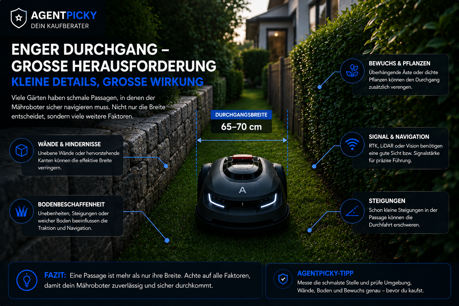 Mähroboter in einer engen Gartenpassage mit Hinweisen zu Freiraum, Wendefläche, Hindernissen und Navigation