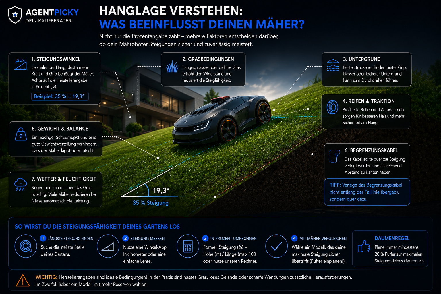Mähroboter an einem Hang mit Hinweisen zu Steigungswinkel, Gras, Untergrund, Reifen, Gewicht und Traktion
