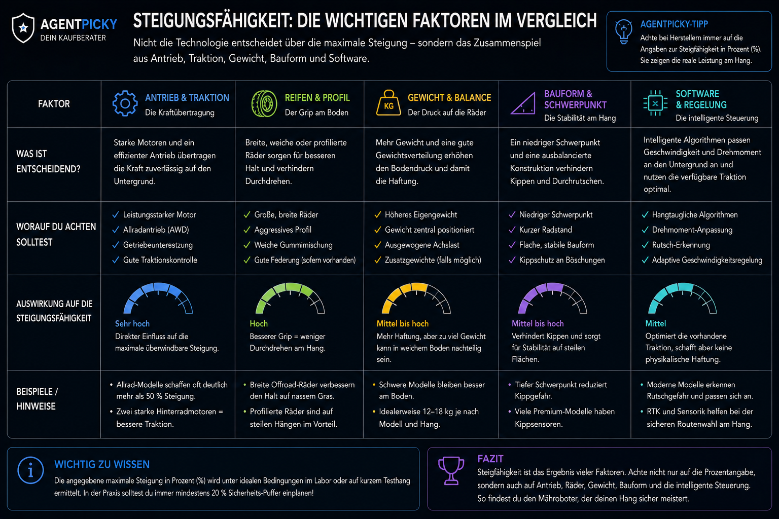 Vergleich der wichtigsten Faktoren für die Steigfähigkeit eines Mähroboters