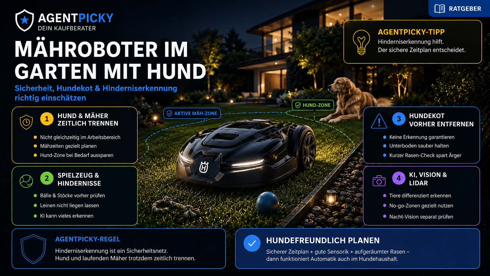 Infografik zum sicheren Einsatz eines Mähroboters im Garten mit Hund