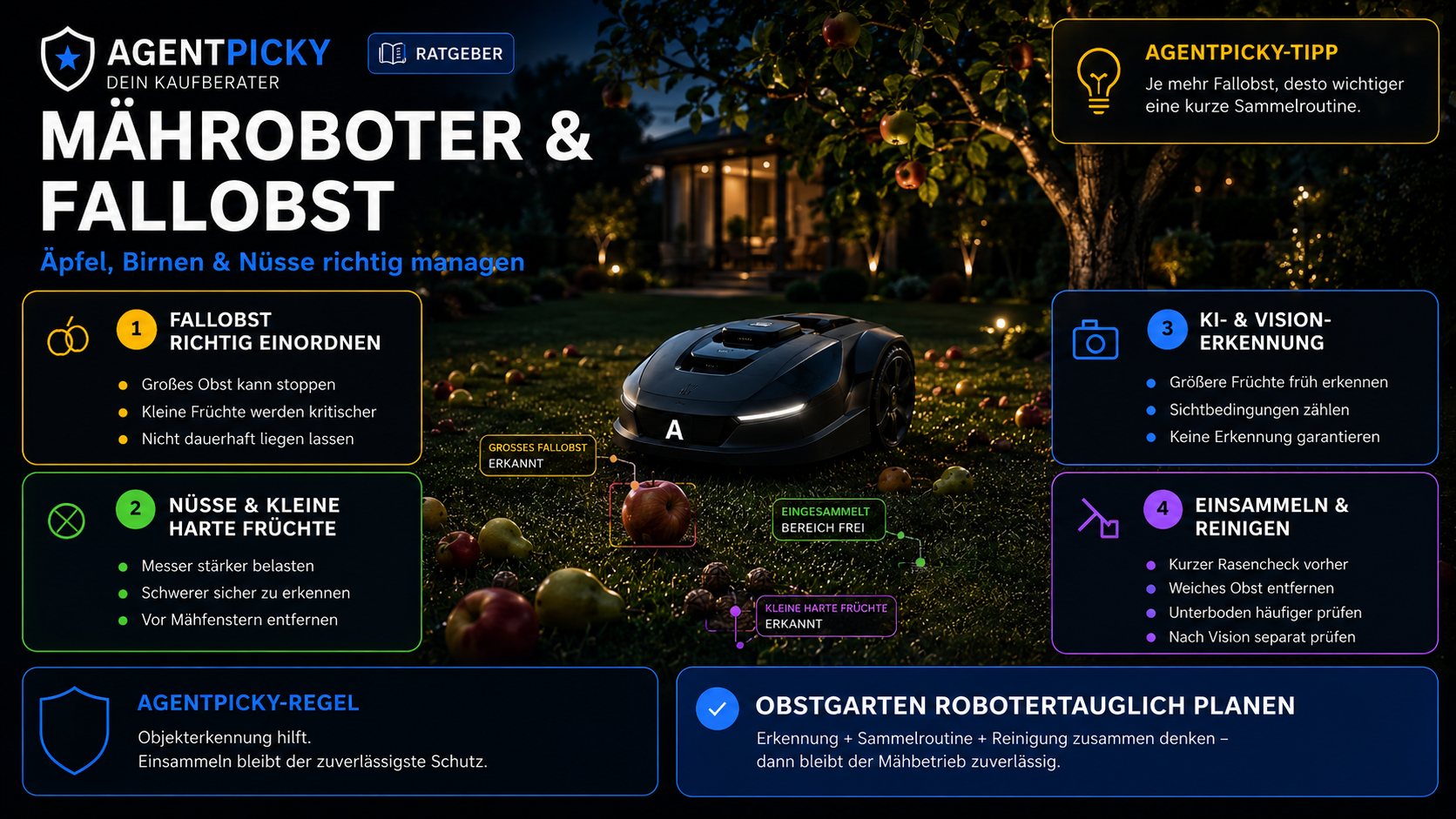 Infografik zu Mähroboter und Fallobst mit großen Früchten, kleinen Nüssen, KI-Erkennung und Reinigung