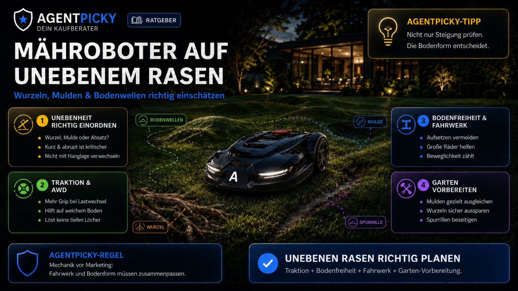 AgentPicky Infografik zu unebenem Rasen mit Wurzel, Mulde, Bodenwelle und Traktion