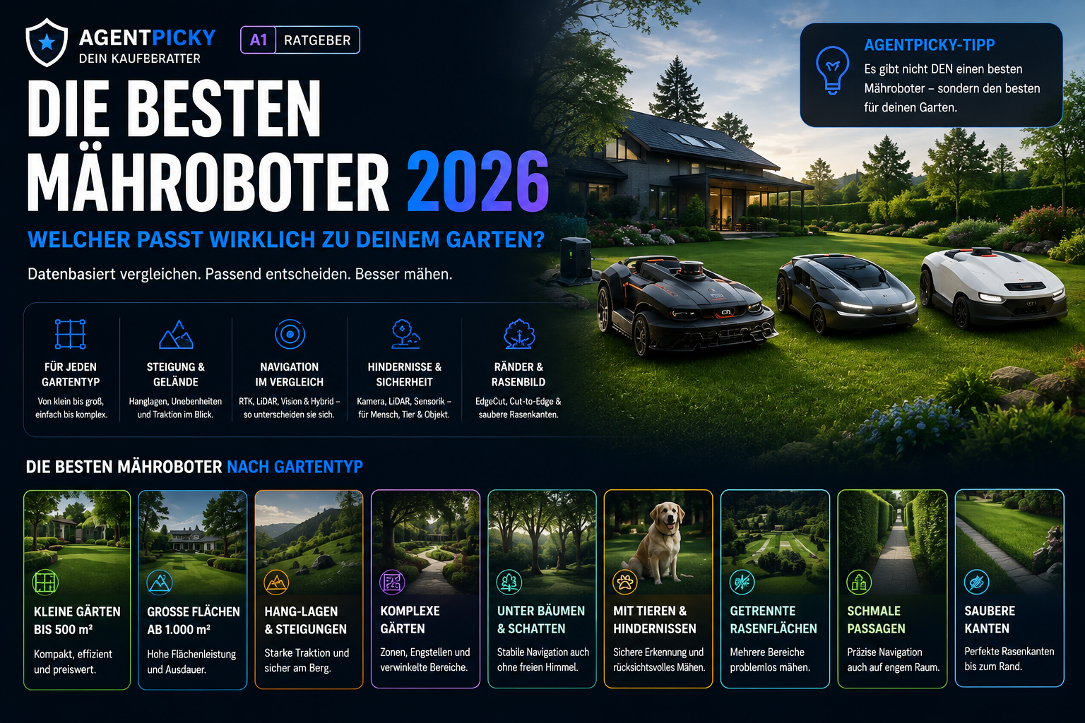 AgentPicky Kaufberatung zu den besten Mährobotern 2026 nach Gartentyp mit kleinem Garten, großer Rasenfläche, Hang, Bäumen und komplexen Zonen.