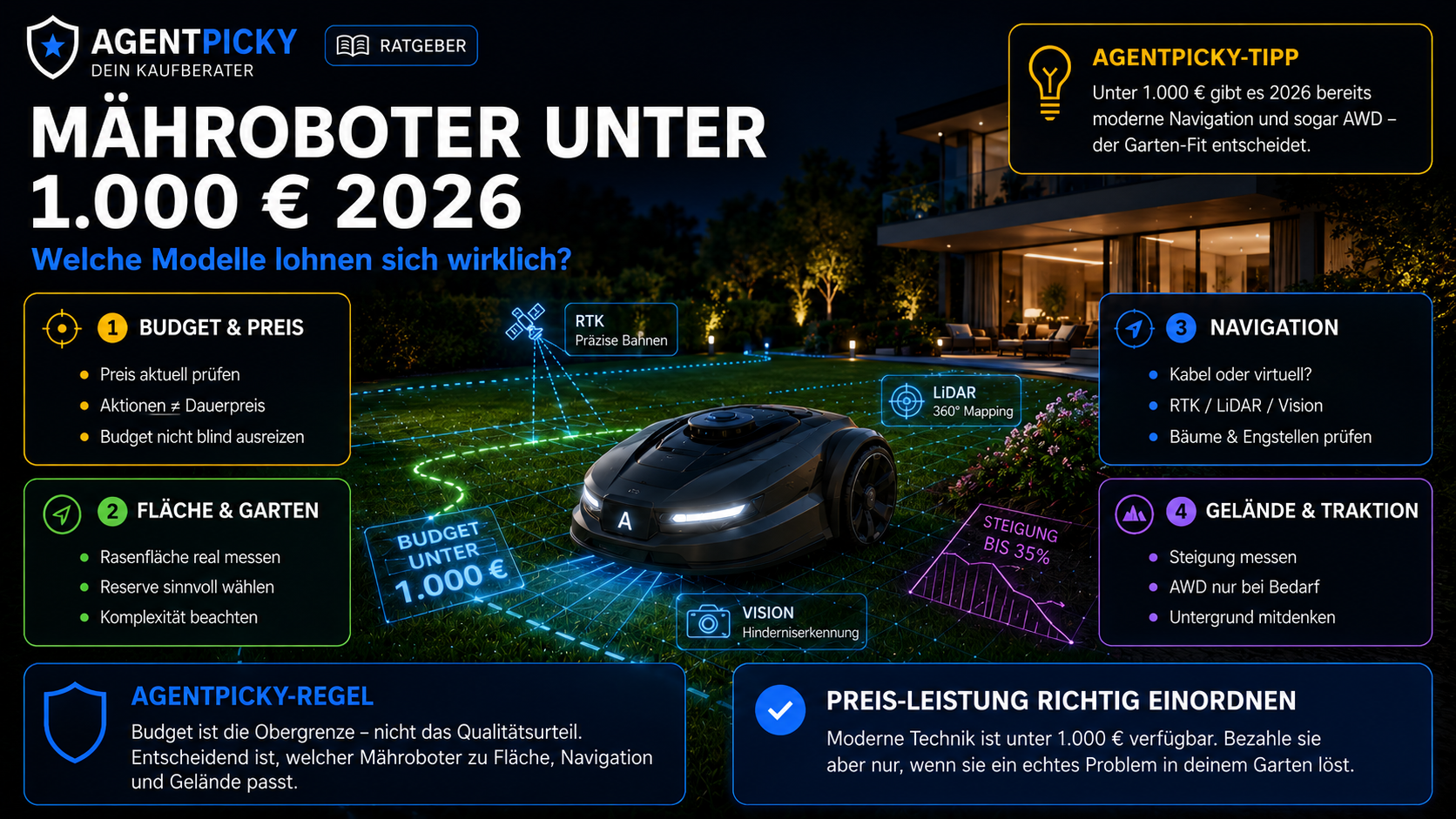 Infografik zu Mährobotern unter 1000 Euro 2026 mit Budget, Gartengröße, Navigation und Gelände als Auswahlkriterien.