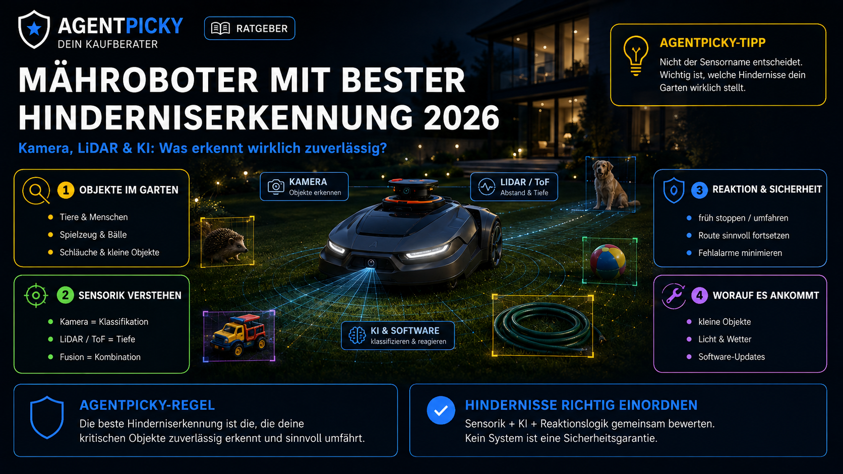 Mähroboter mit Kamera, LiDAR und KI erkennt Ball, Gartenschlauch, Tier und Gartengegenstände auf dem Rasen.