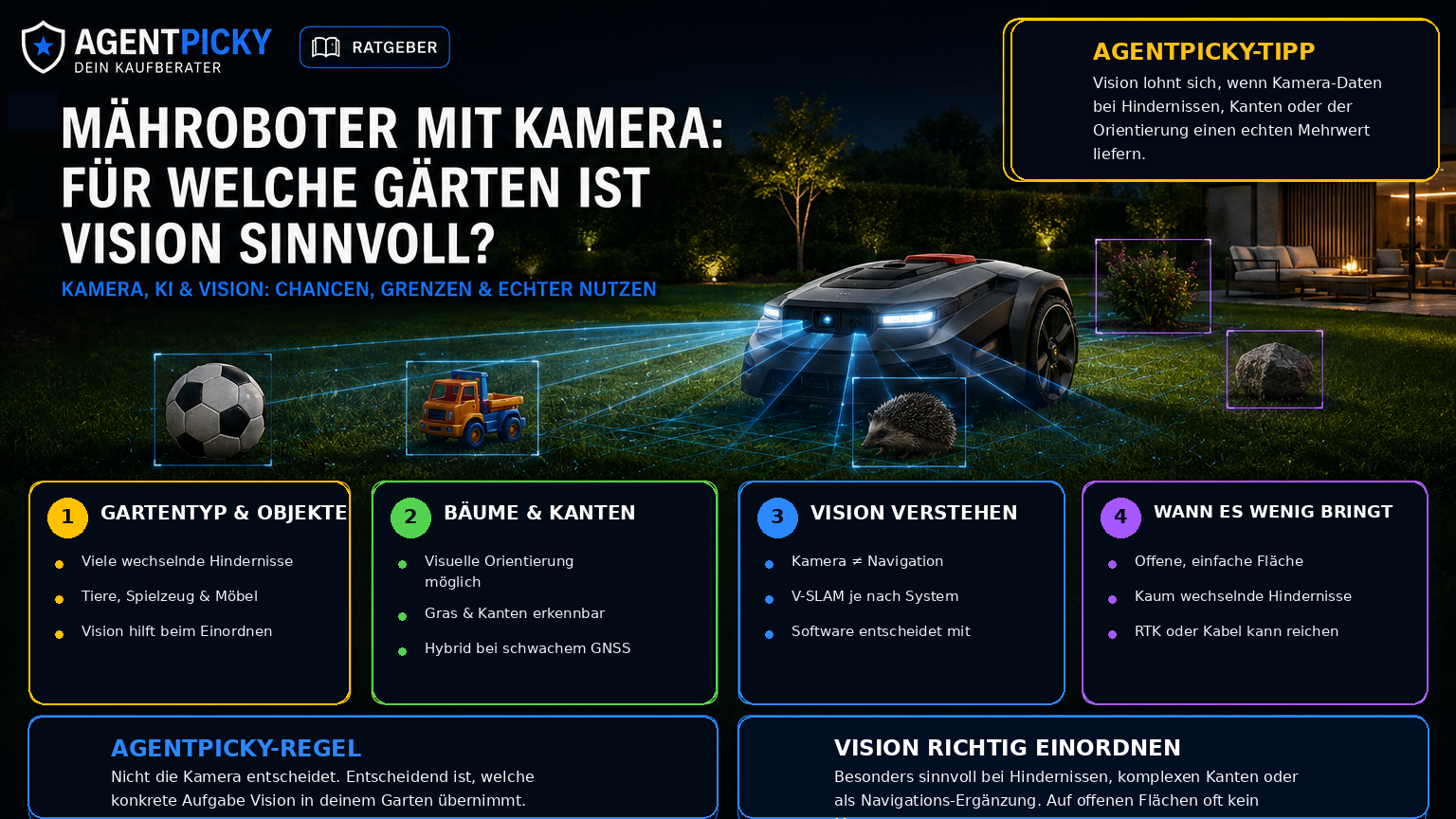 Mähroboter mit Kamera erkennt Rasenkante, Baum, Ball und schattigen Gartenbereich und kombiniert Vision mit Navigation.