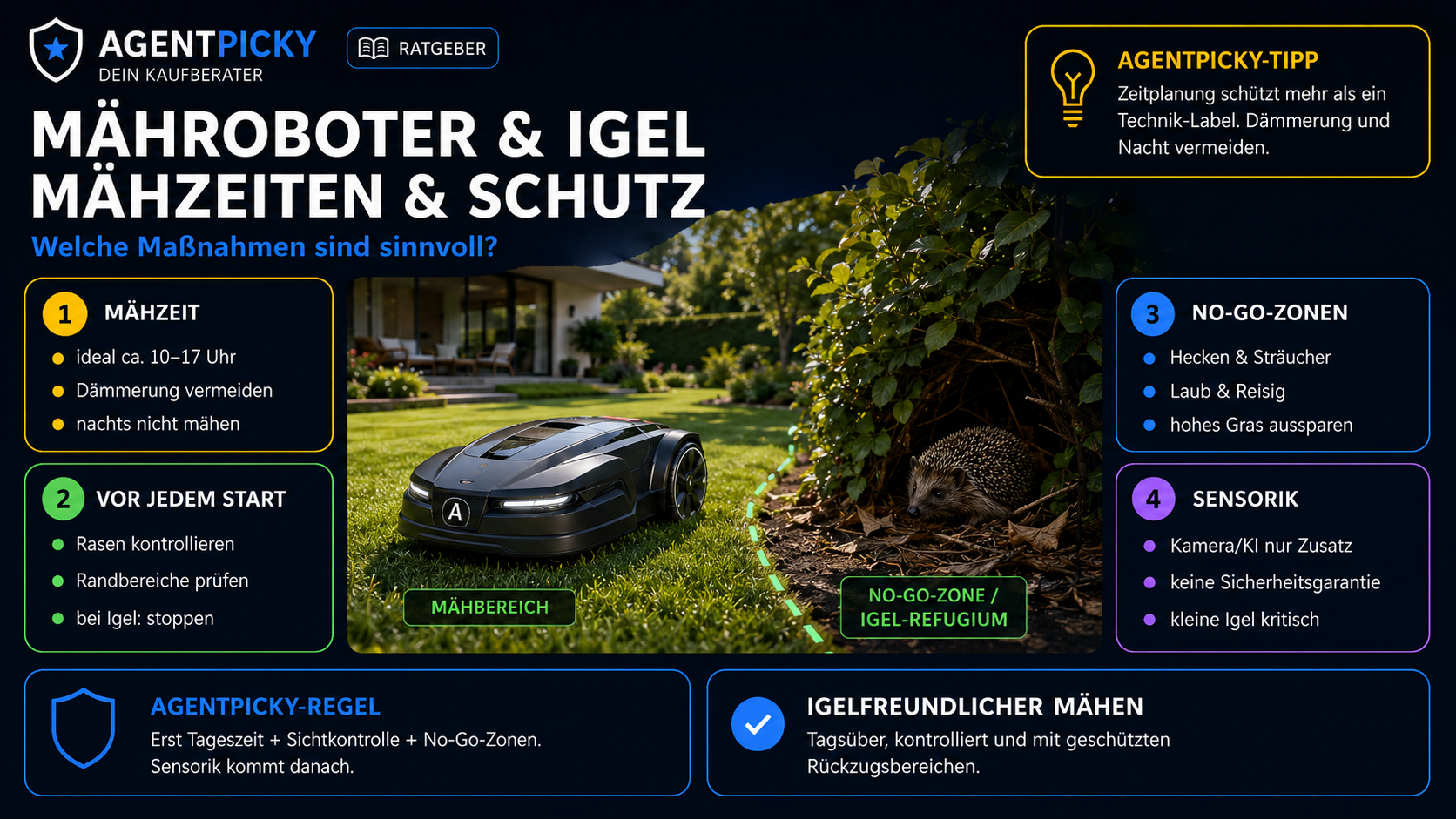 Mähroboter fährt tagsüber auf freiem Rasen, während ein Igel sicher außerhalb einer markierten No-Go-Zone unter einer Hecke bleibt.