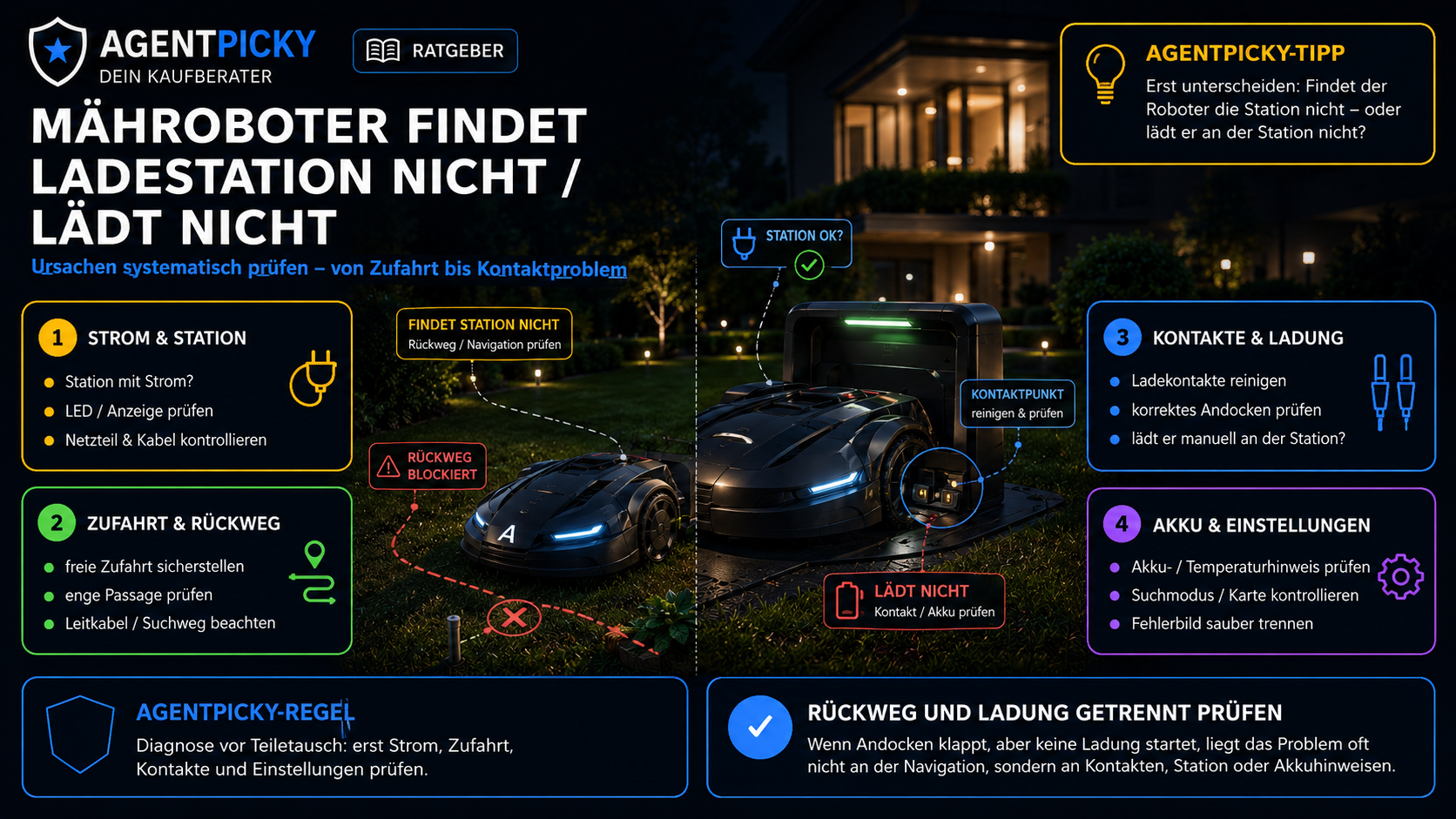 Mähroboter mit AgentPicky-A vor einer Ladestation; die Grafik trennt Rückweg, Stromversorgung, Ladekontakt und Stationssignal.