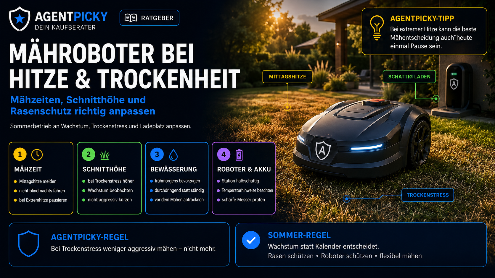 Mähroboter im heißen Sommer mit vier zentralen Maßnahmen: höhere Schnitthöhe, angepasste Mähzeit, abgestimmte Bewässerung und geschützte Ladestation.