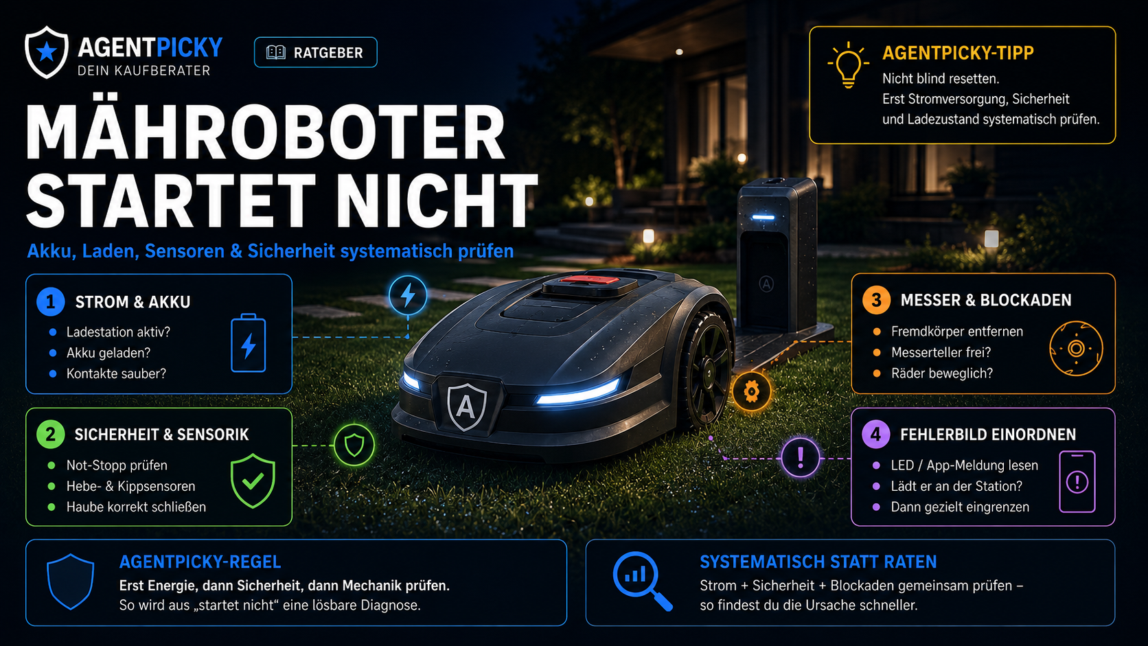 Systematische Startdiagnose bei einem Mähroboter mit vier Prüfschritten: Status, Zeitplan, Stromversorgung und Navigationssignal.